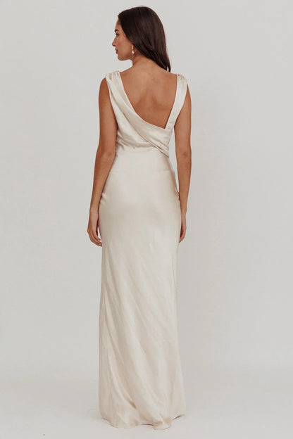 Jinora Cowl Neck Leg Slit Satin Maxi Dress