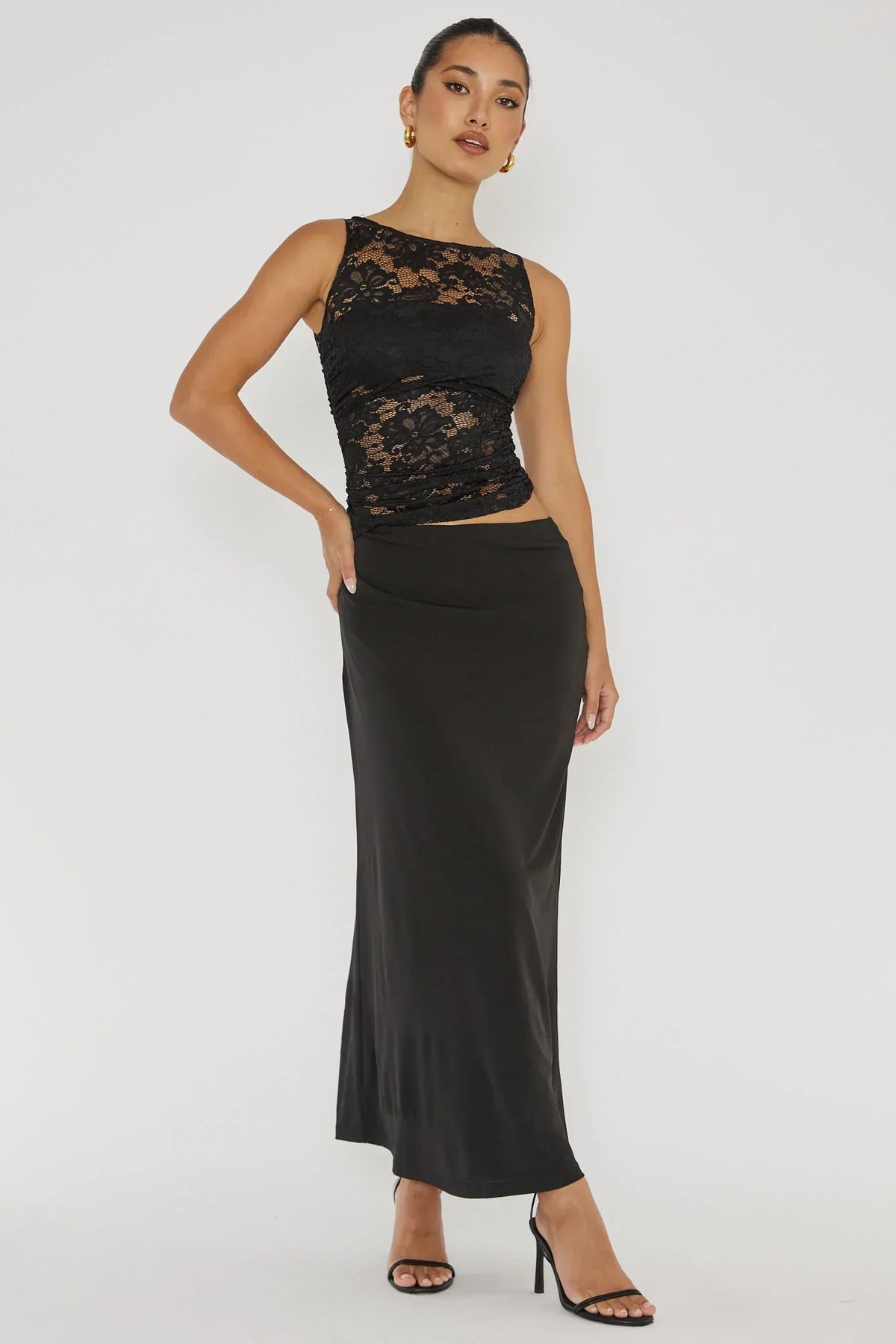 Lorely Ruched Lace Bodice Maxi Dress Black
