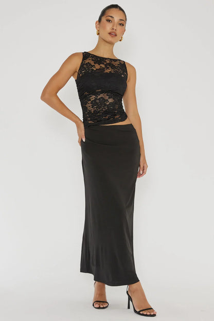Lorely Ruched Lace Bodice Maxi Dress Black