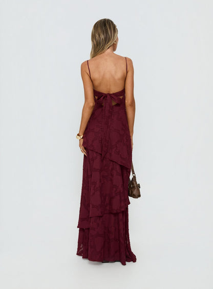 Lyricah Tiered Tie Back Maxi Dress Burgundy