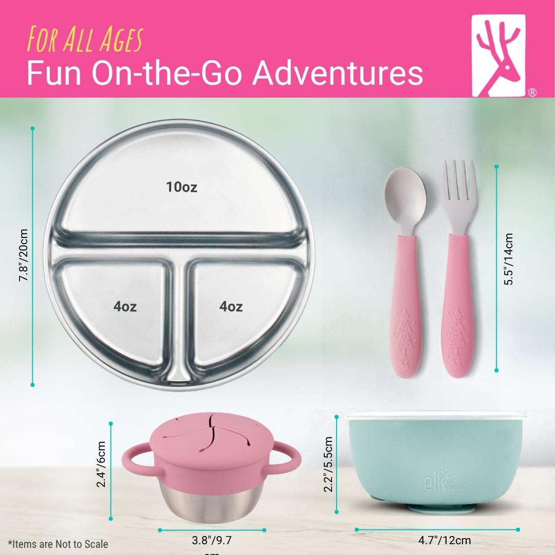 Stainless Steel Mealtime Bundle | Plates, Bowls, Snack Cups + Toddler Utensils | Suction Sleeves | Blush/Sage