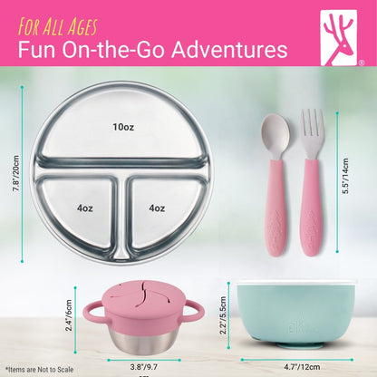 Stainless Steel Mealtime Bundle | Plates, Bowls, Snack Cups + Toddler Utensils | Suction Sleeves | Blush/Sage