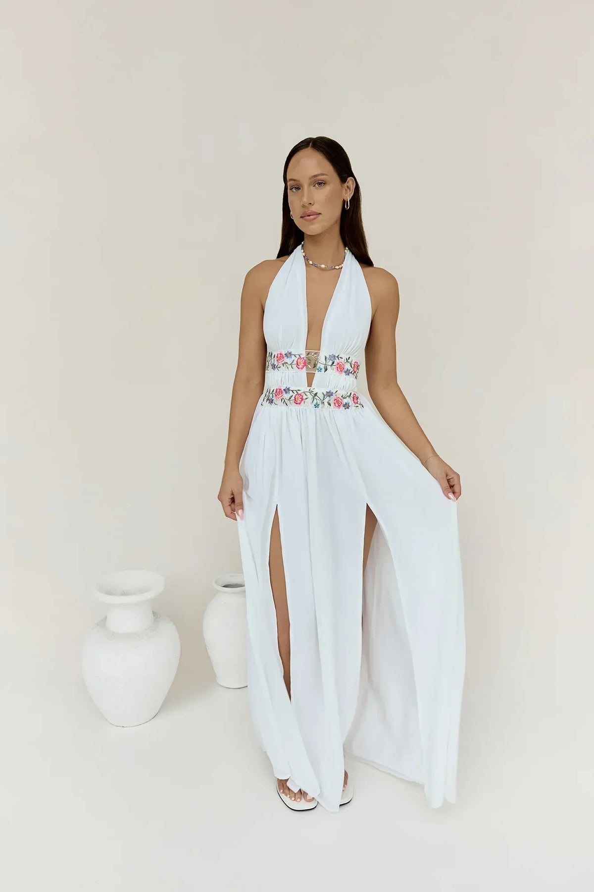 Maldives Garden Halter Maxi Dress White