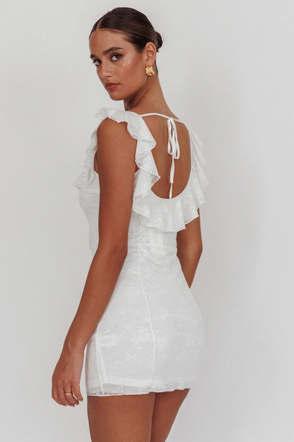 Sweet Saturday Tied Bust Ruffle Mini Dress White