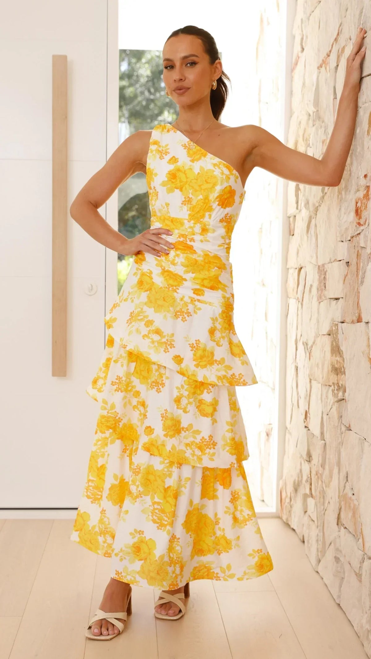 Odilie One Shoulder Maxi Dress - Yellow Floral