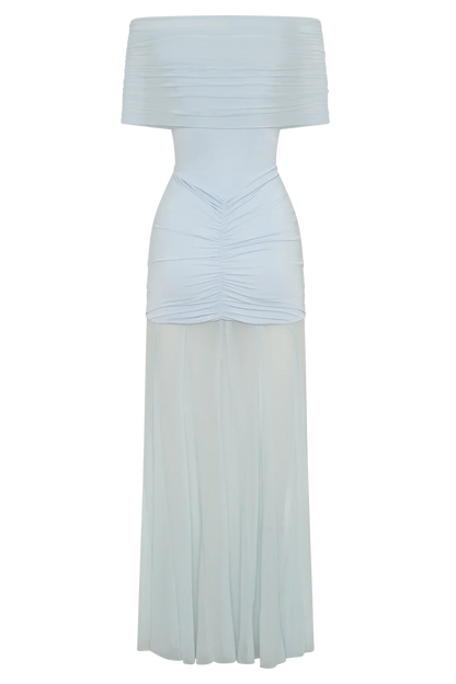 Caspian Slinky And Mesh Off Shoulder Maxi Dress - Pale Blue