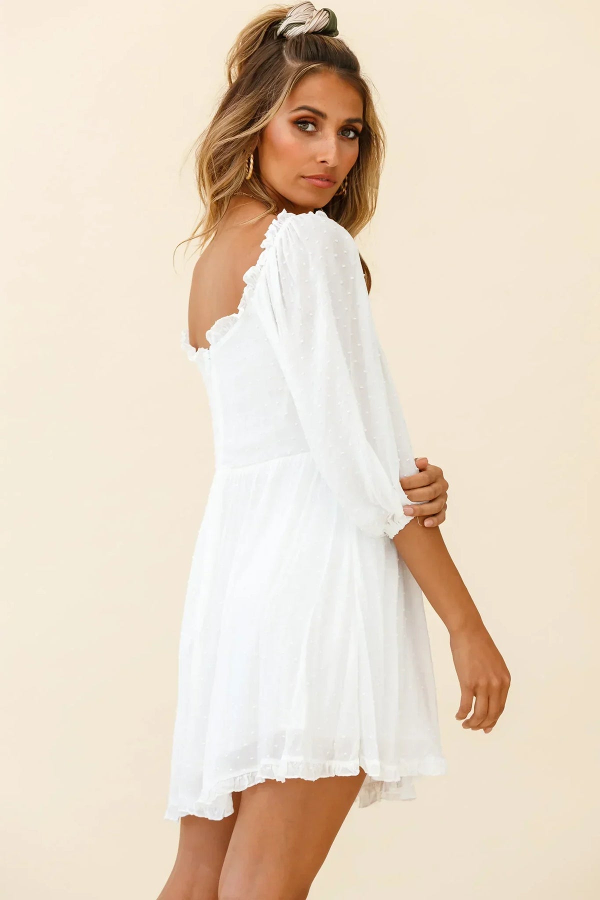 Dream Lover Puff Sleeve Crochet Insert Dress White