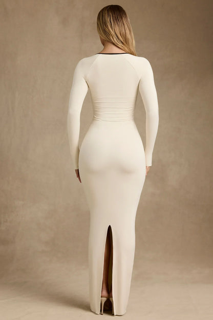 Modal Contrast-Trim Maxi Dress in Ivory