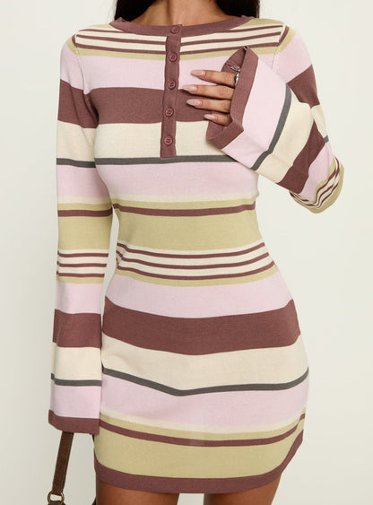 Shandee Knit Long Sleeve Mini Dress Multi Stripe