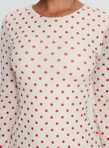 Nyxia Long Sleeve Mini Dress Cream / Red Polka
