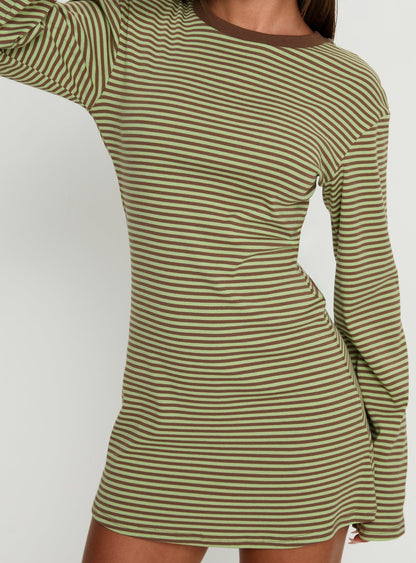 Lulolah Long Sleeve Mini Dress Green / Chocolate Stripe