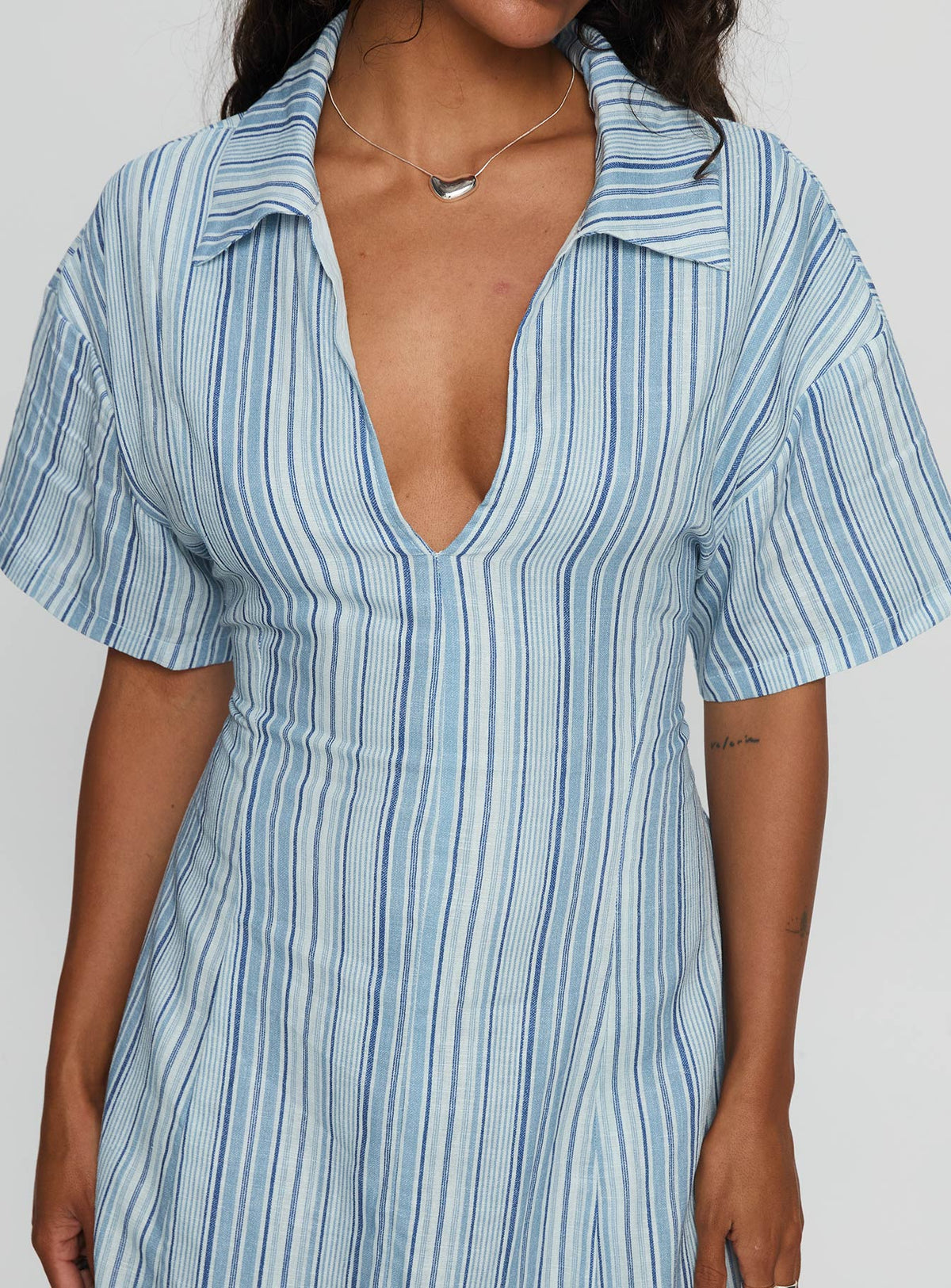 Wylla V Neck Linen Mini Dress Blue Stripe