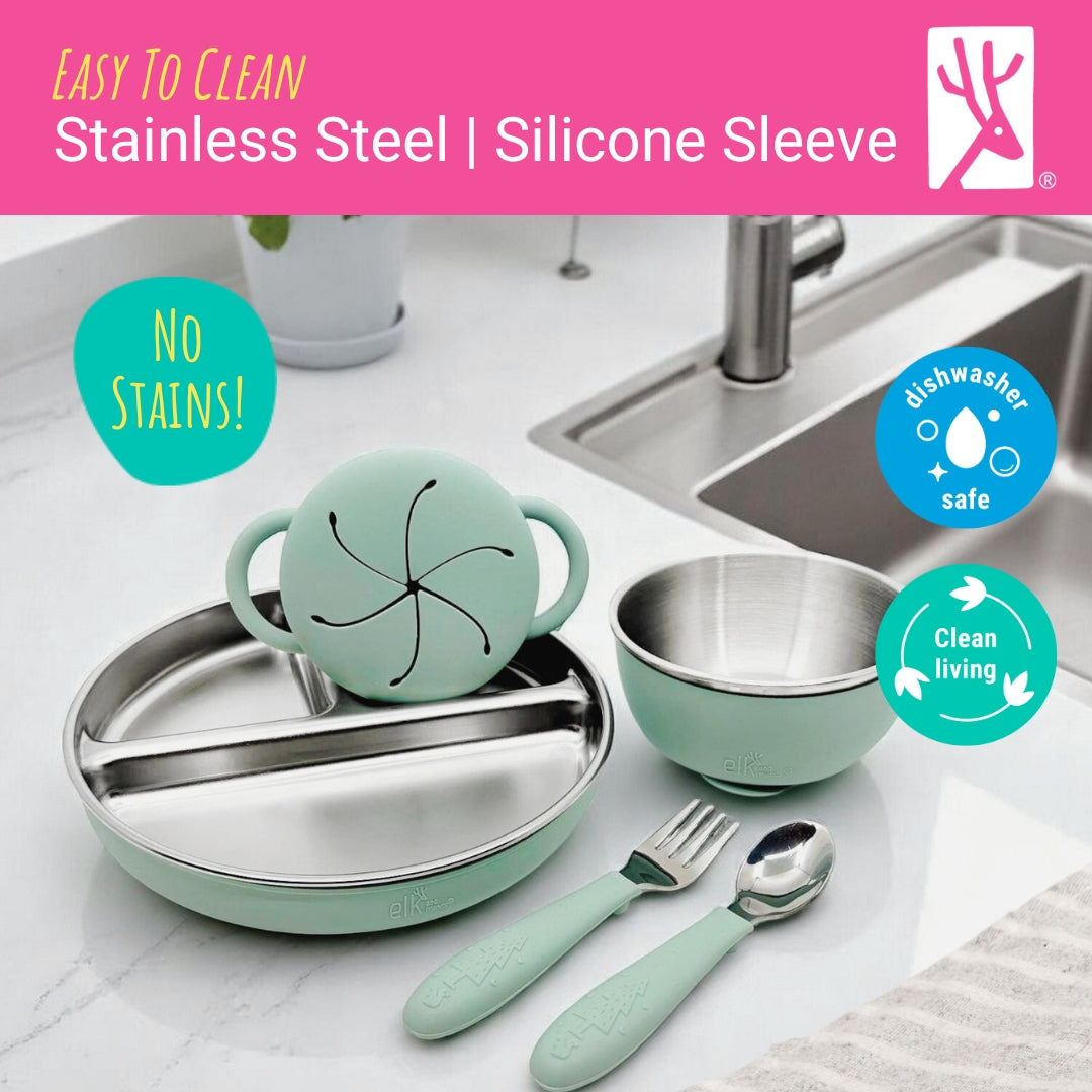 Stainless Steel Mealtime Bundle | Plates, Bowls, Snack Cups + Toddler Utensils | Suction Sleeves | Blush/Sage