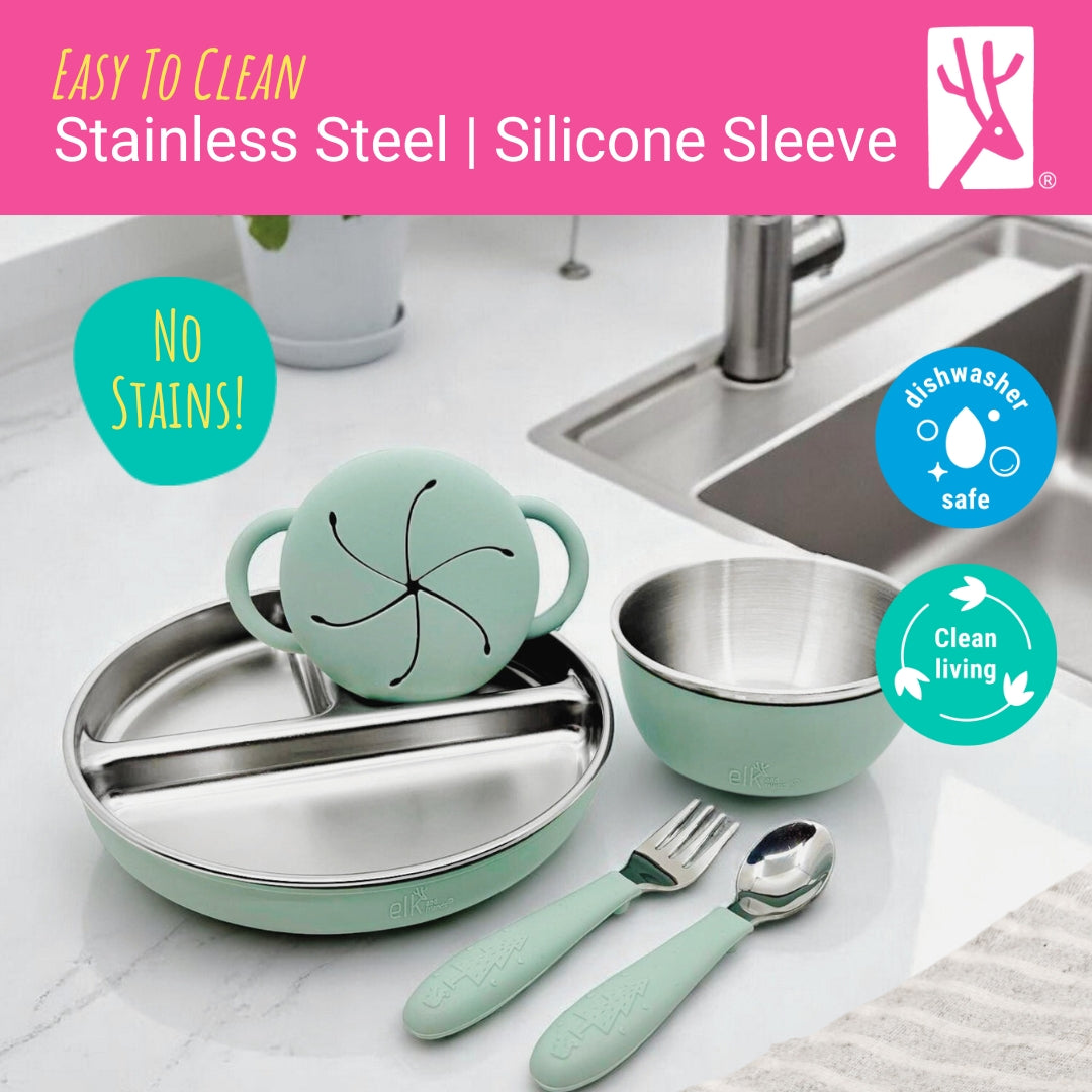 Stainless Steel Mealtime Bundle | Plates, Bowls, Snack Cups + Toddler Utensils | Normal Sleeves | Blush/Sage
