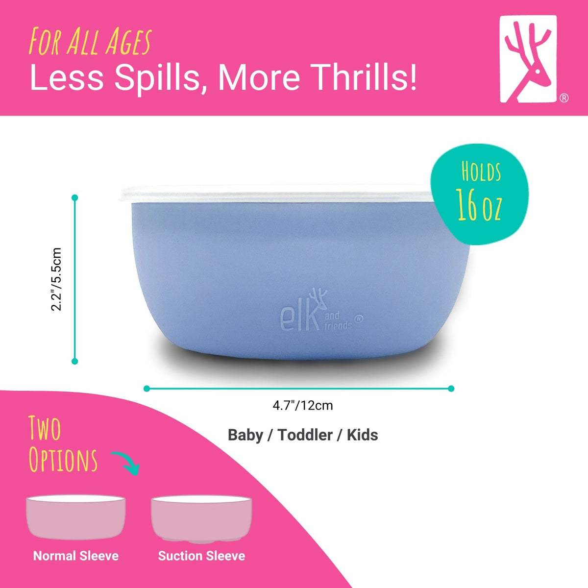 Stainless Steel Bowl with Silicone Suction Sleeve + Lids