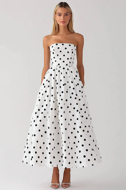 Black and White Satin Strapless Empire Boho Maxi Polka Dot Dress