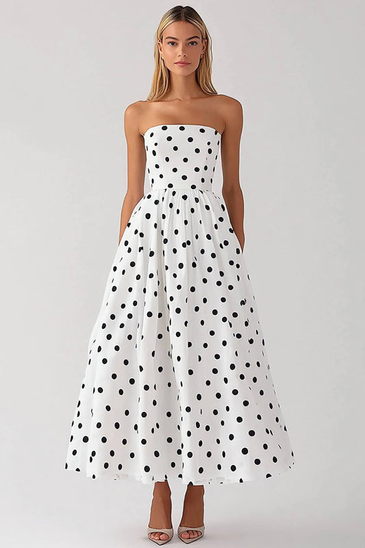 Black and White Satin Strapless Empire Boho Maxi Polka Dot Dress