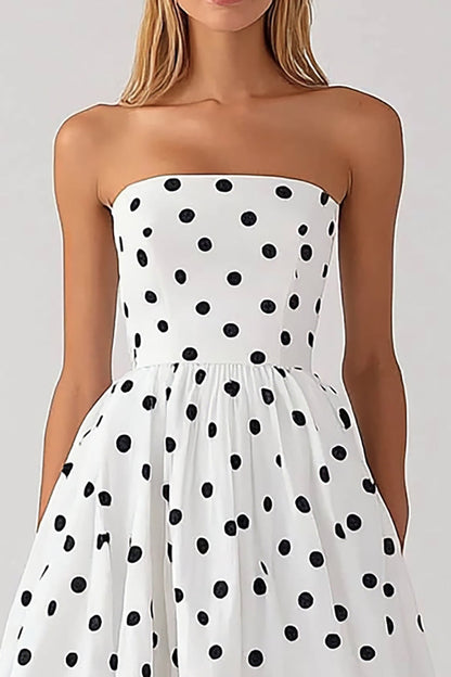 Black and White Satin Strapless Empire Boho Maxi Polka Dot Dress