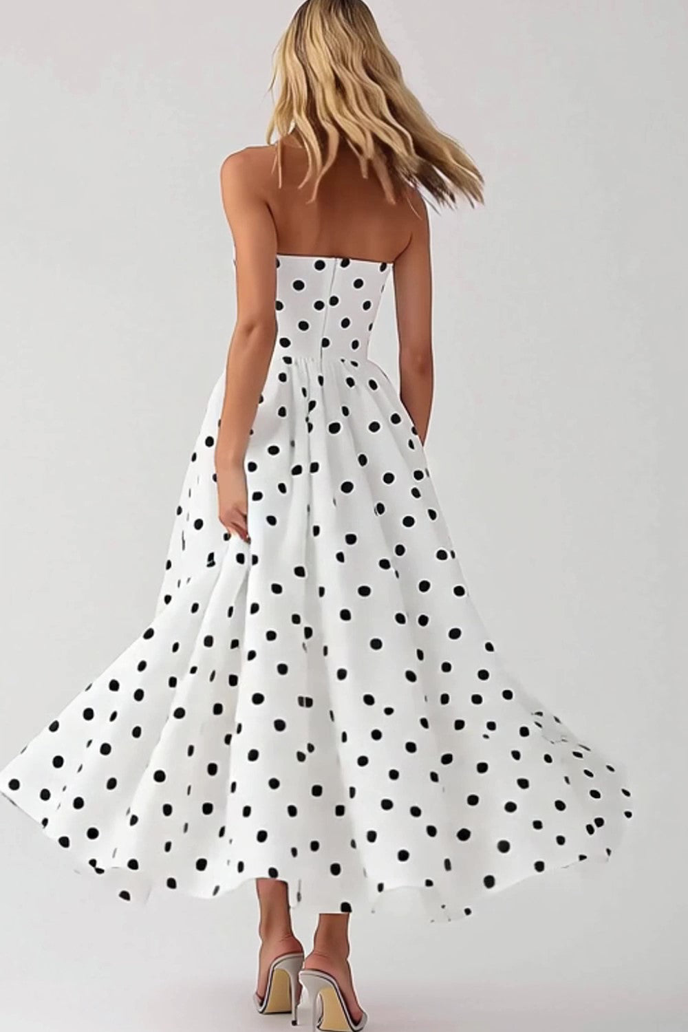 Black and White Satin Strapless Empire Boho Maxi Polka Dot Dress
