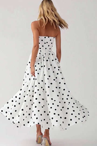 Black and White Satin Strapless Empire Boho Maxi Polka Dot Dress