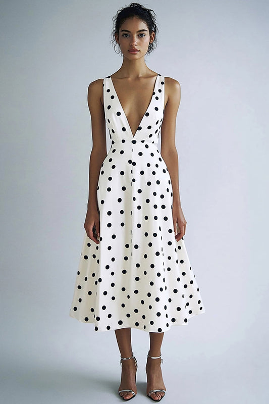 Satin Black and White Deep V-Neck A Line Boho Maxi Polka Dot Dress