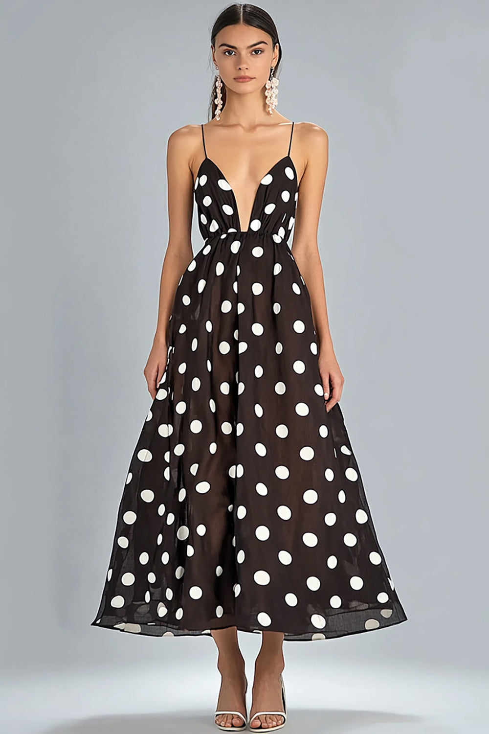 Coffee and White Chiffon Spaghetti Straps A Line Boho Maxi Polka Dot Dress