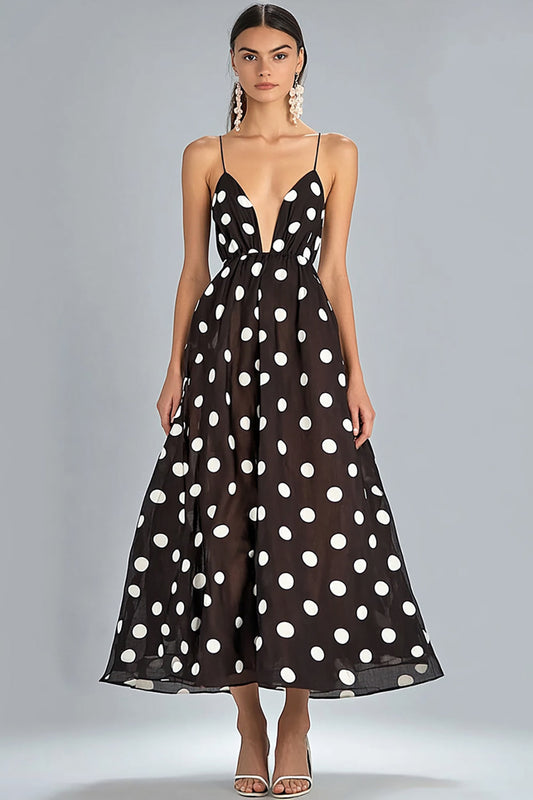 Coffee and White Chiffon Spaghetti Straps A Line Boho Maxi Polka Dot Dress