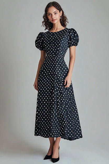 Boho Black and White Satin Puff Sleeves A Line Maxi Polka Dot Dress