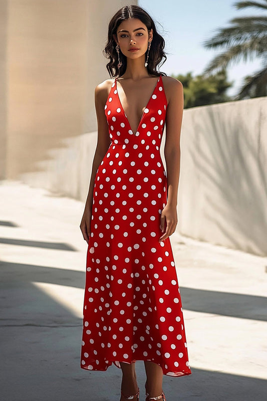 Red and White Satin A Line Deep V-Neck Boho Maxi Polka Dot Dress