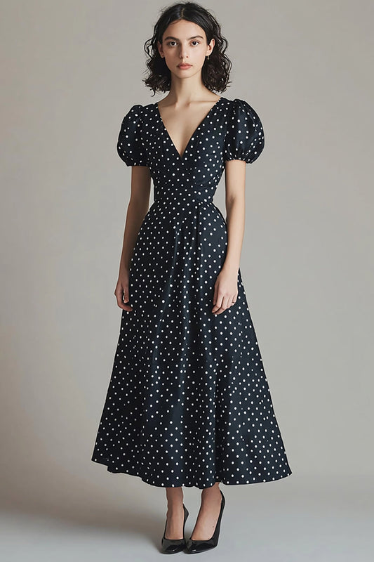 Puff Sleeves V-Neck Black and White Satin Boho Maxi Polka Dot Dress