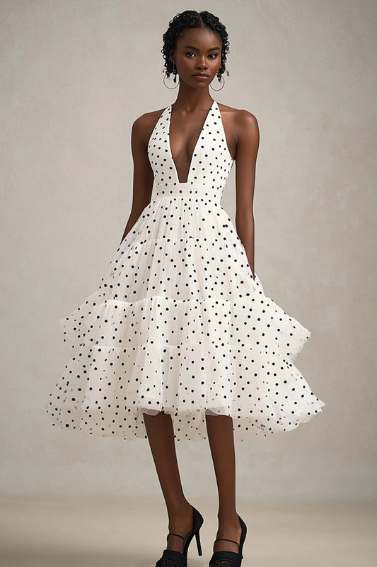 Tiered Black and White A Line Midi Tulle Polka Dot Dress with Ruffles