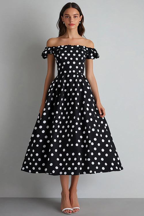 Off the Shoulder A Line Black and White Maxi Satin Polka Dot Dress