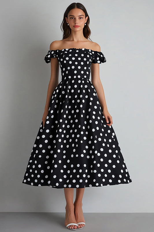 Off the Shoulder A Line Black and White Maxi Satin Polka Dot Dress
