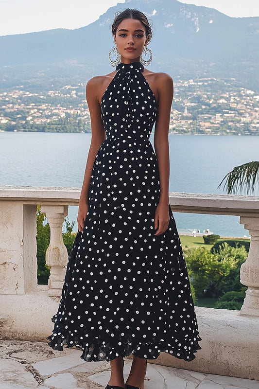 High Neck Chiffon Black and White A Line Boho Maxi Polka Dot Dress