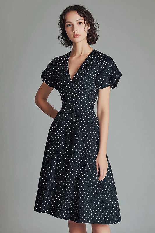 A Line Black and White Satin Short Polka Dot Dress with Sleeves