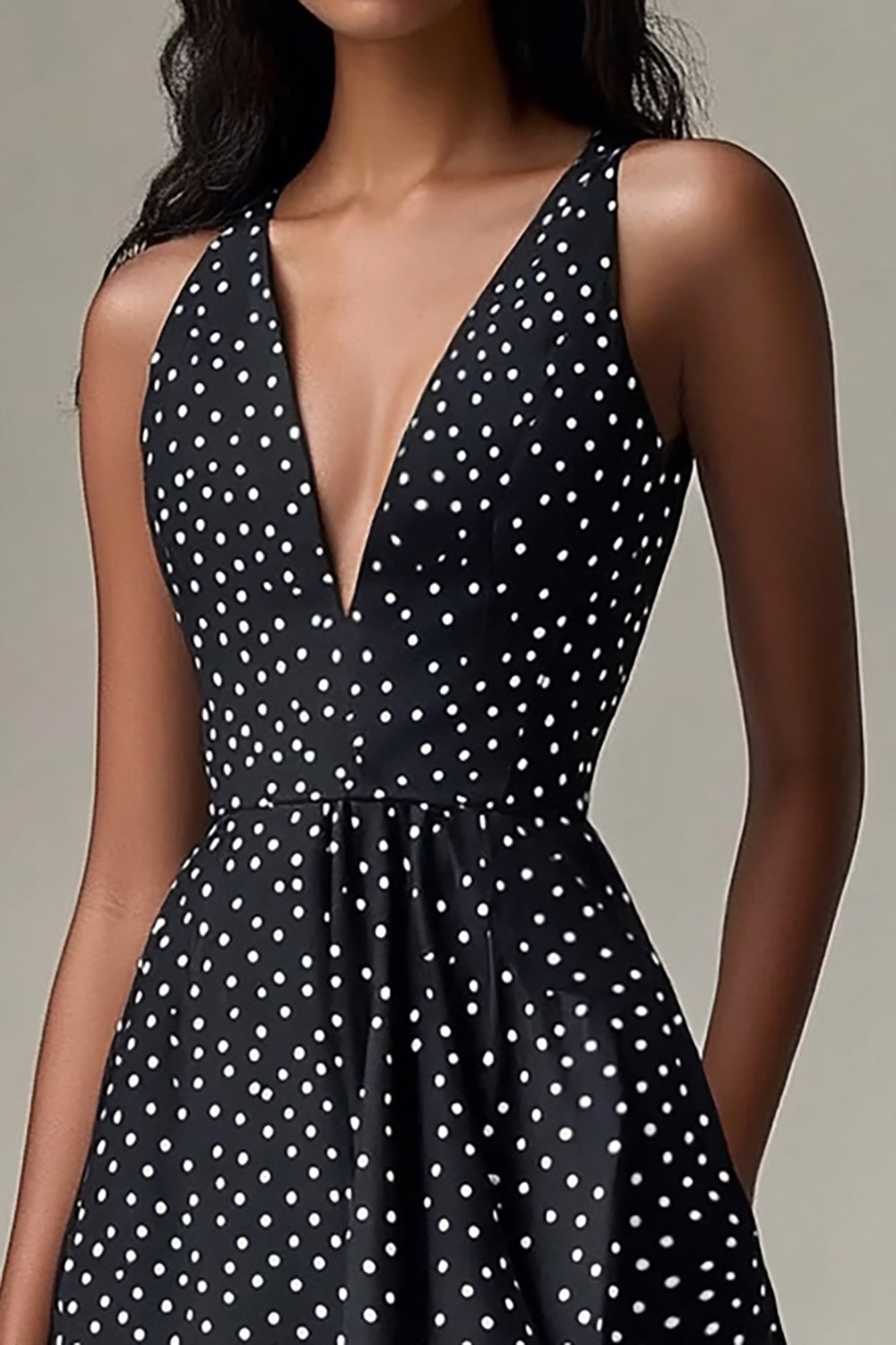 Deep V-Neck Chiffon A Line Black and White Short Polka Dot Dress