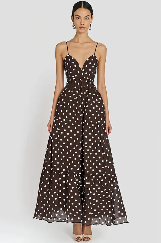 Chiffon Coffee and White Spaghetti Straps A Line Boho Maxi Polka Dot Dress