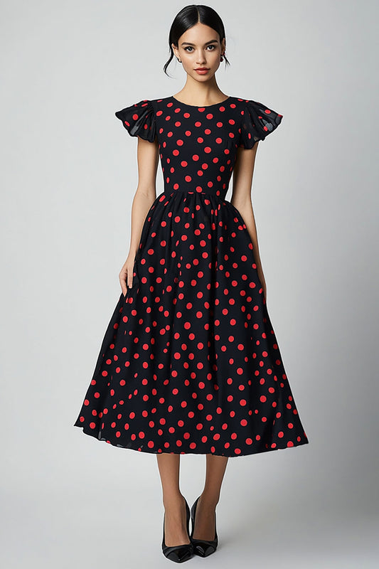 Black and Red Satin A Line Cap Sleeves Maxi Polka Dot Dress with Ruffles
