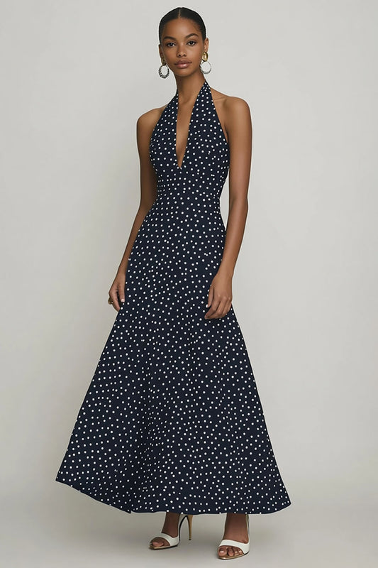 Halter Black and White Maxi Boho Chiffon A Line Polka Dot Dress