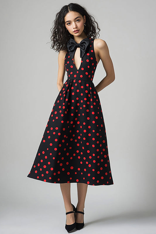 Satin Black and Red A Line Midi Polka Dot Dress with Bow