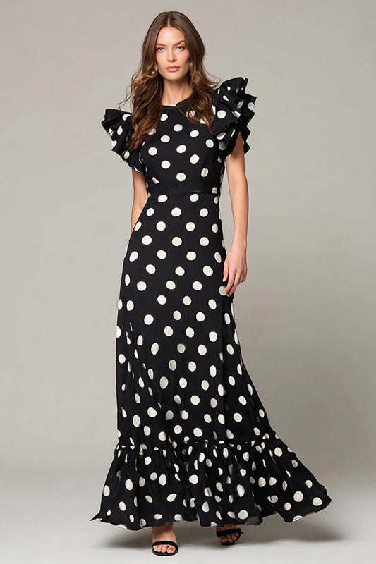 Black and White Chiffon A Line Cap Sleeves Polka Dots Dress with Ruffles