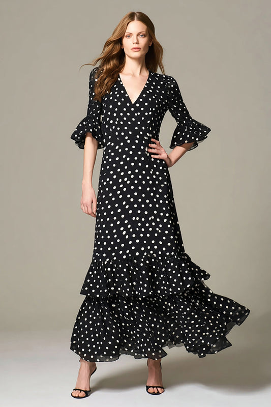 Black and White Chiffon A Line Half Sleeves Maxi Polka Dots Dress with Ruffles