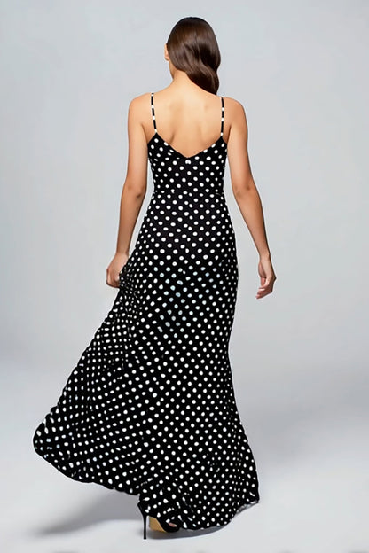 Black and White Spaghetti Straps Chiffon Maxi Polka Dots Dress with Slit