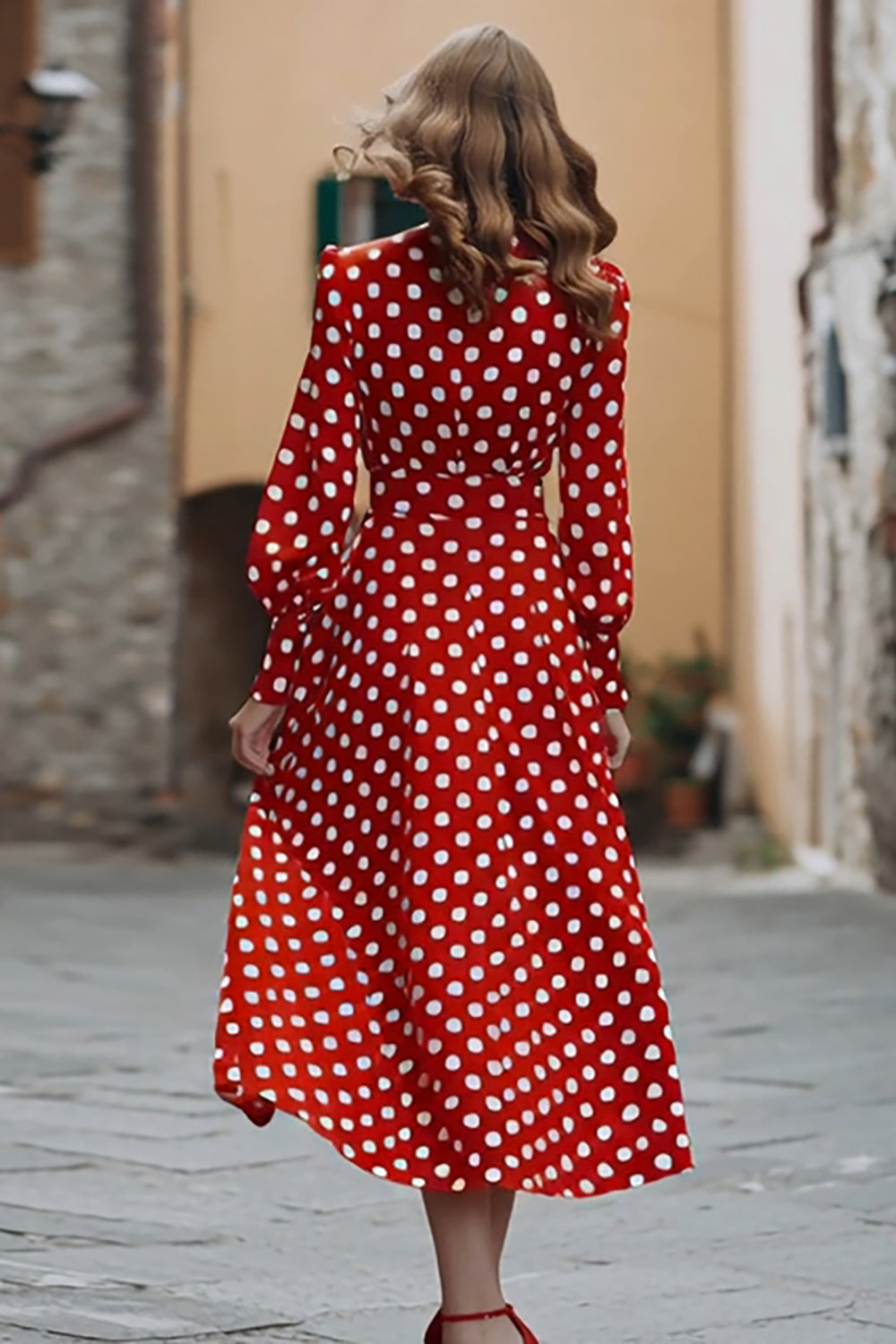 Red Chiffon Long Sleeves V-Neck A-Line Polka Dots Dress