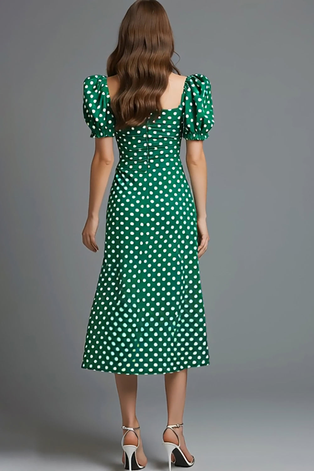Green Satin Pencil Tea Length Square Neck Polka Dots Dress