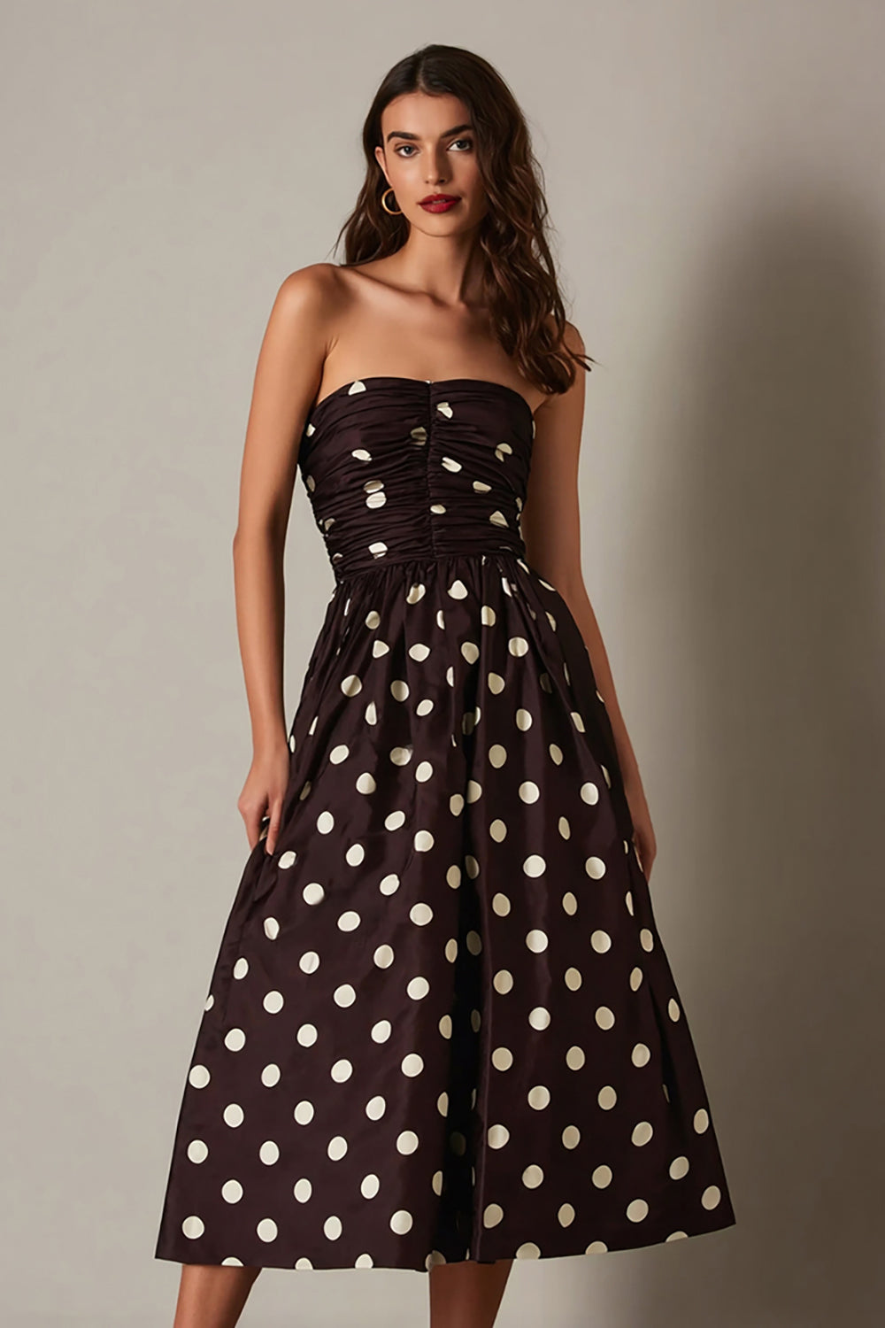 Dark Brown Satin Strapless A-Line Tea Length Polka Dots Dress