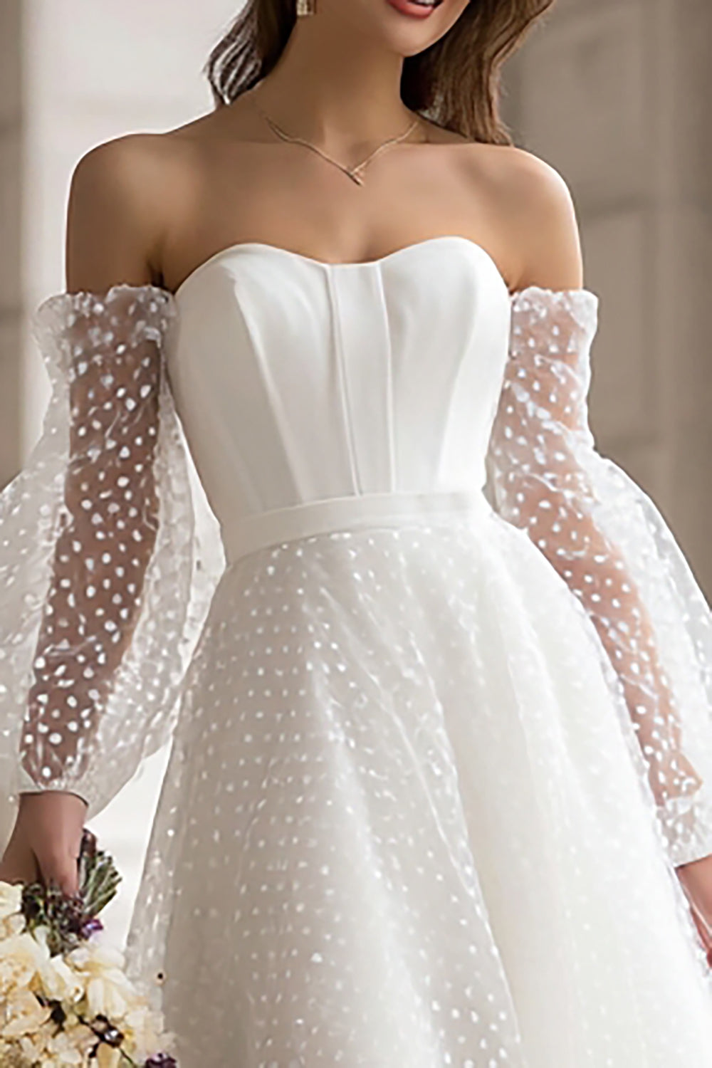 Ivory Off the Shoulder A Line Midi Wedding Dress with Sleeves