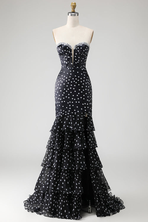 Black and White Ploka Dots Mermaid Corset Long Prom Dress with Ruffles