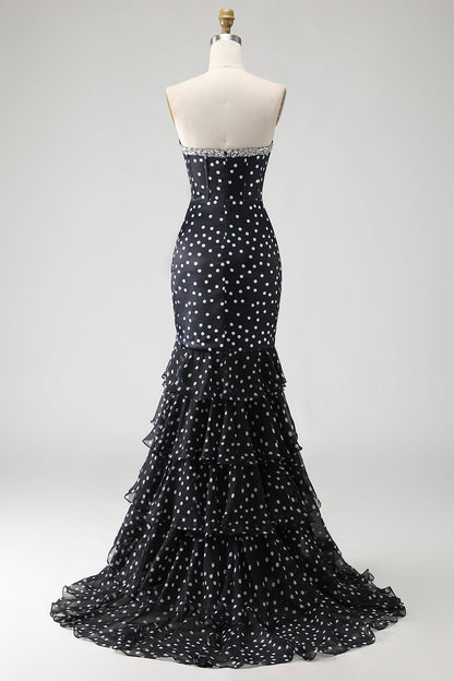 Black and White Ploka Dots Mermaid Corset Long Prom Dress with Ruffles