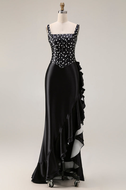 Black and White Polka Dots Corset Mermaid Asymmetrical Prom Dress with Ruffles